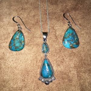 GENUINE TURQUOISE YELLOW GOLD & STERLING SILVER & NECKLACE SET